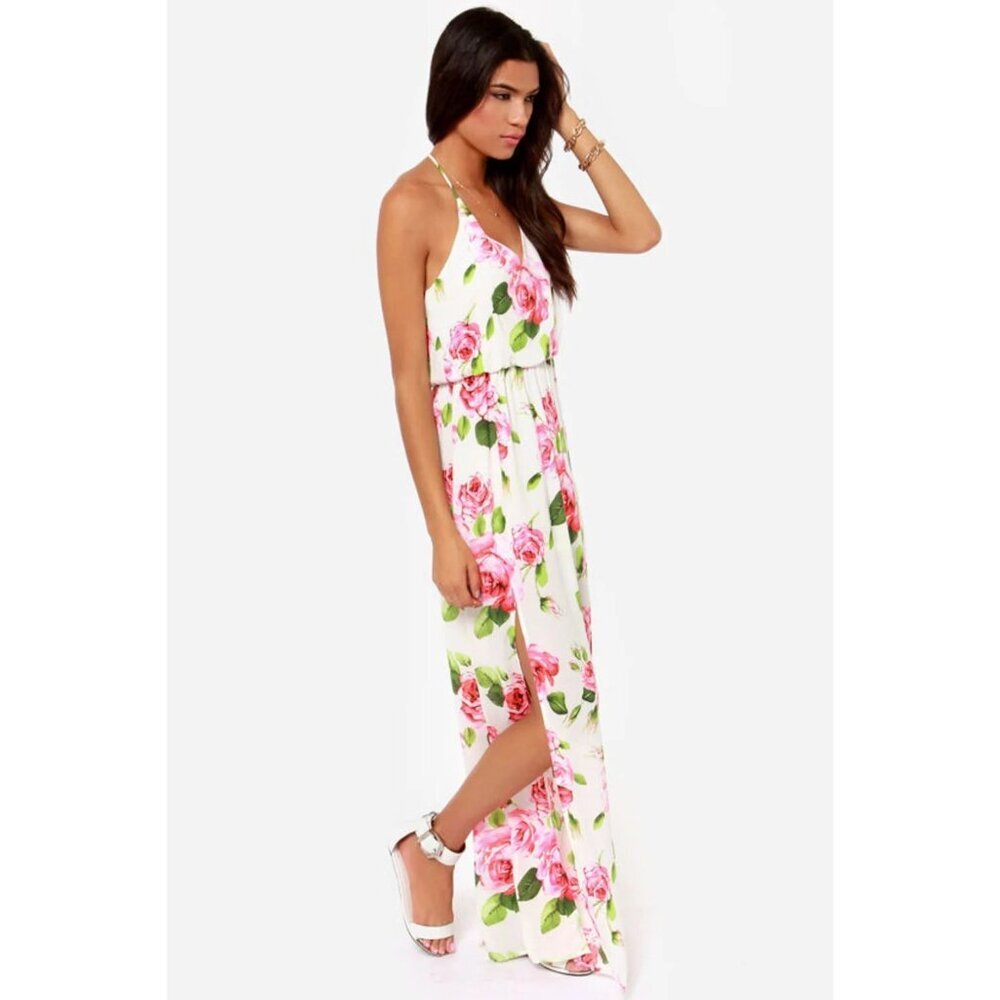 Lush Say No Amore Ivory Rose Floral Print Sleeveless T Back Tulip Hem Maxi Dress - Picture 3 of 11